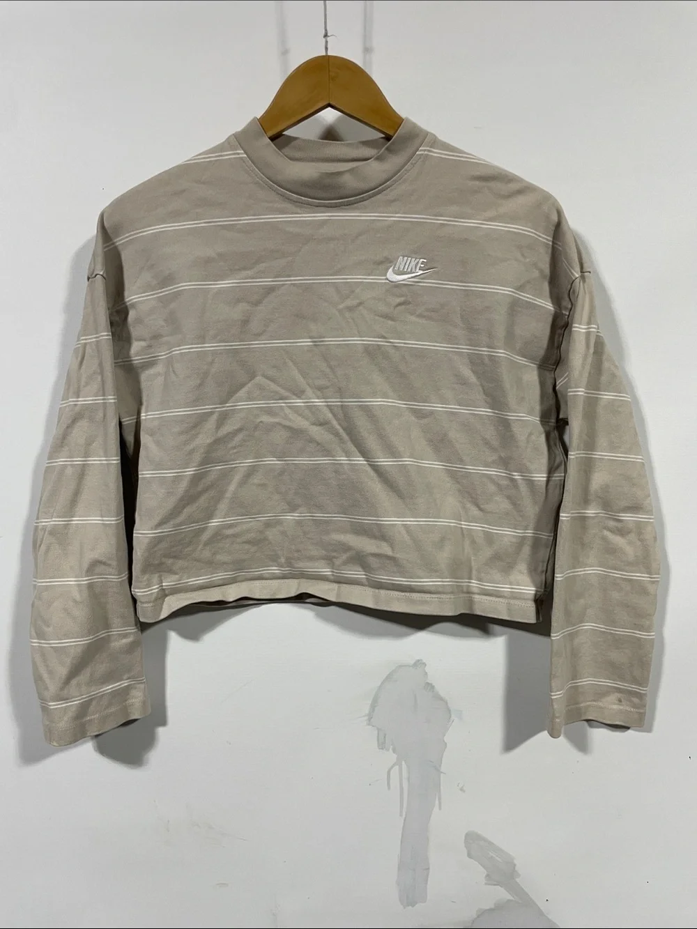 Nike Taupe and White Striped Cropped Crewneck